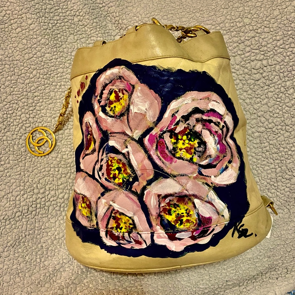 Custom painted Authentic Chanel , lamb skin back bag. Vintage bag.